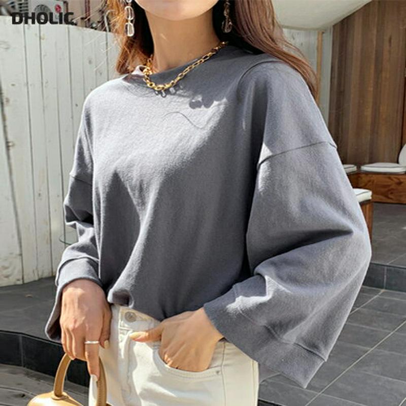 ワイドスリーブTシャツ・全3色・e55642 レディース 【tops】 韓国ファッション トップス Tシャツ 長袖 9分丈 ワイドスリーブ ドロップショルダー ゆったり 大きい 無地 カジュアル 大人 高見え 秋 春 人気