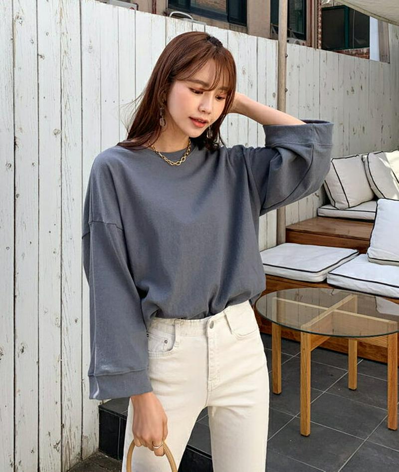 ワイドスリーブTシャツ・全3色・e55642 レディース 【tops】 韓国ファッション トップス Tシャツ 長袖 9分丈 ワイドスリーブ ドロップショルダー ゆったり 大きい 無地 カジュアル 大人 高見え 秋 春 人気