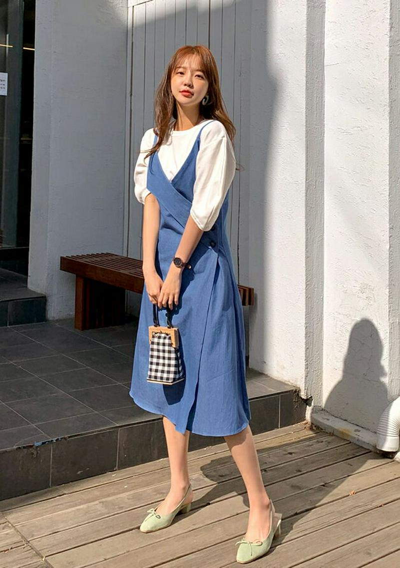 ラップデニムキャミワンピース・全2色・t55667 レディース 【ops】【ワンピース ミディ丈 ミディ 膝下 Vネック キャミ