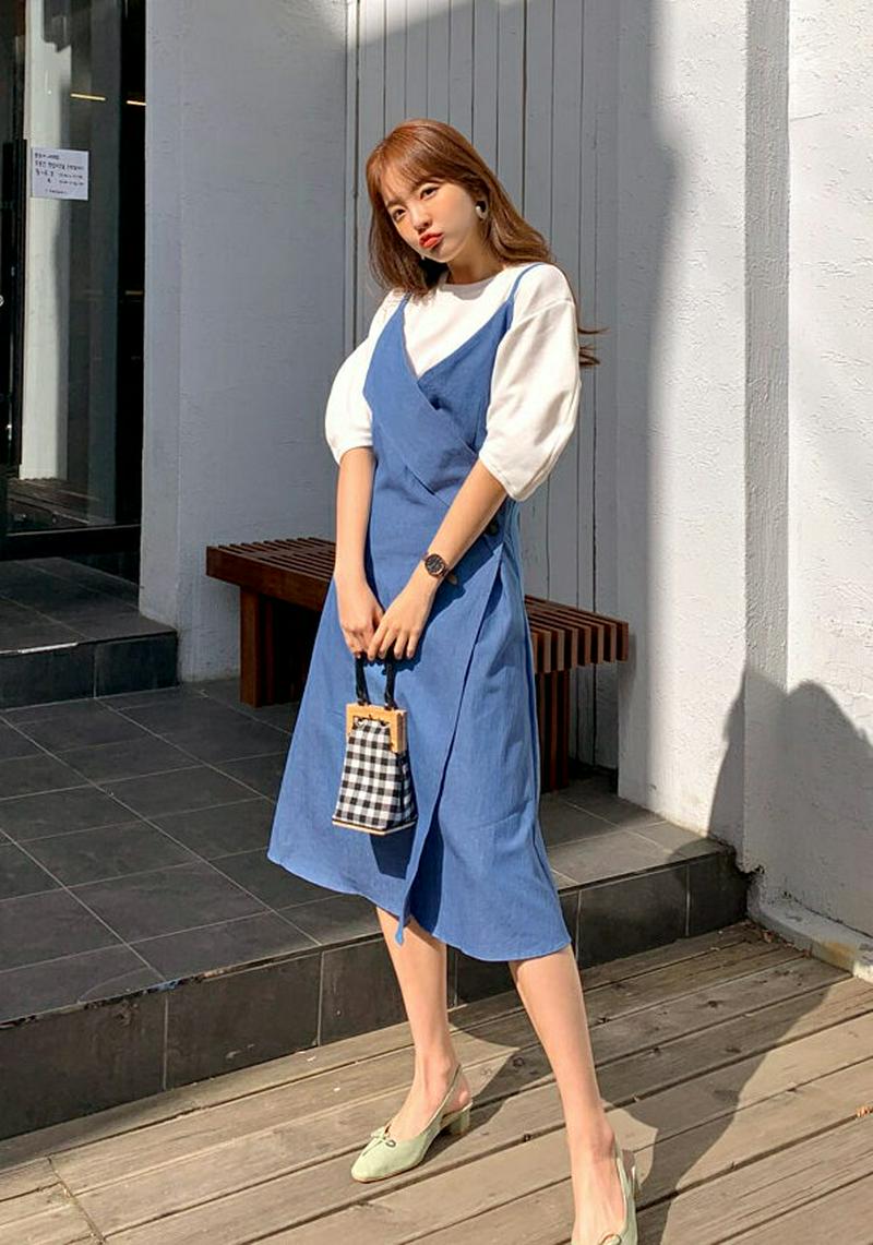 ラップデニムキャミワンピース・全2色・t55667 レディース 【ops】【ワンピース ミディ丈 ミディ 膝下 Vネック キャミ