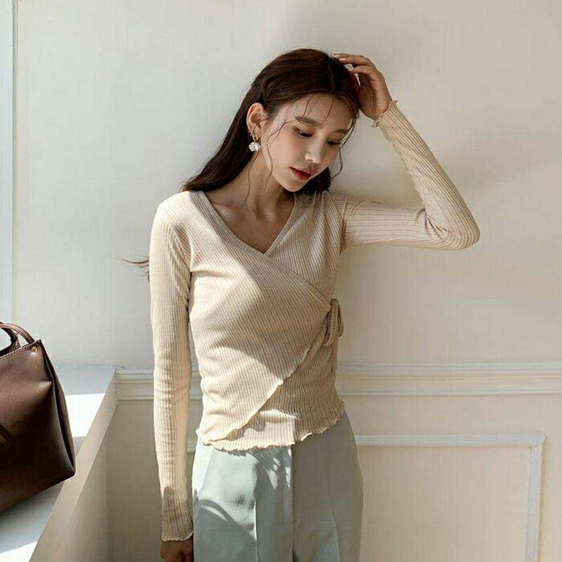 ≪人気商品再入荷≫ウェーブラップTシャツ・全2色・t58477 レディース 【tops】 トップス Tシャツ リブ 長袖 スリム Vネック ウェーブ ラップ 無地 カジュアル インしない 秋 春