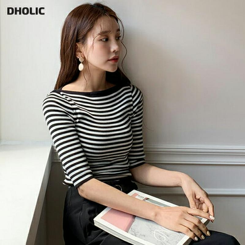 ≪人気商品再入荷≫2TYPEボートネックニット・全3色・b58476 レディース 【tops】 韓国ファッション トップス ニット 薄手 半袖 スリム ボートネック ボーダー カジュアル 無地 夏 秋 春
