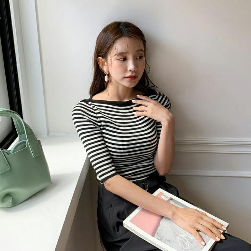≪人気商品再入荷≫2TYPEボートネックニット・全3色・b58476 レディース 【tops】 韓国ファッション トップス ニット 薄手 半袖 スリム ボートネック ボーダー カジュアル 無地 夏 秋 春
