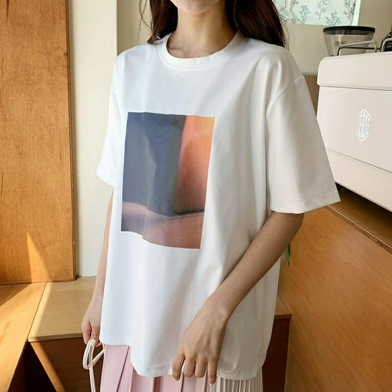 スクエアプリントTシャツ・全2色・b58481 レディース 【tops】【トップス Tシャツ 半袖 プリント スクエア カジュア