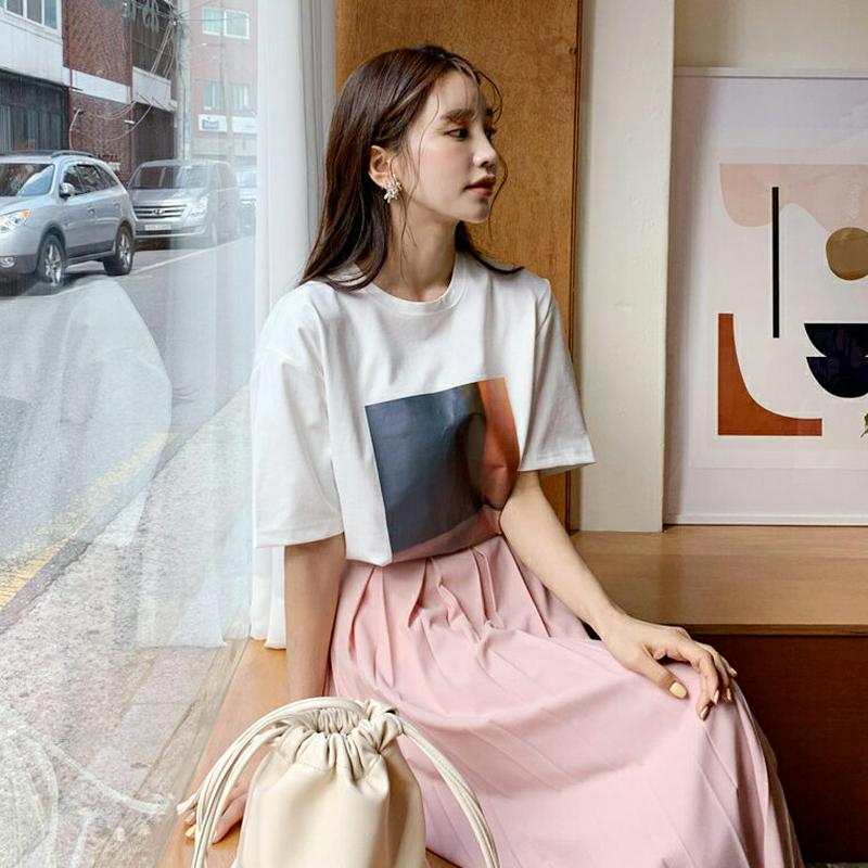 スクエアプリントTシャツ・全2色・b58481 レディース 【tops】【トップス Tシャツ 半袖 プリント スクエア カジュア