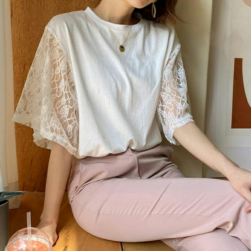 レース半袖Tシャツ・全4色・b58466 レディース 【tops】【トップス Tシャツ 半袖 レース ワイドスリーブ シースルー