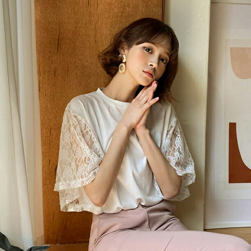 レース半袖Tシャツ・全4色・b58466 レディース 【tops】【トップス Tシャツ 半袖 レース ワイドスリーブ シースルー