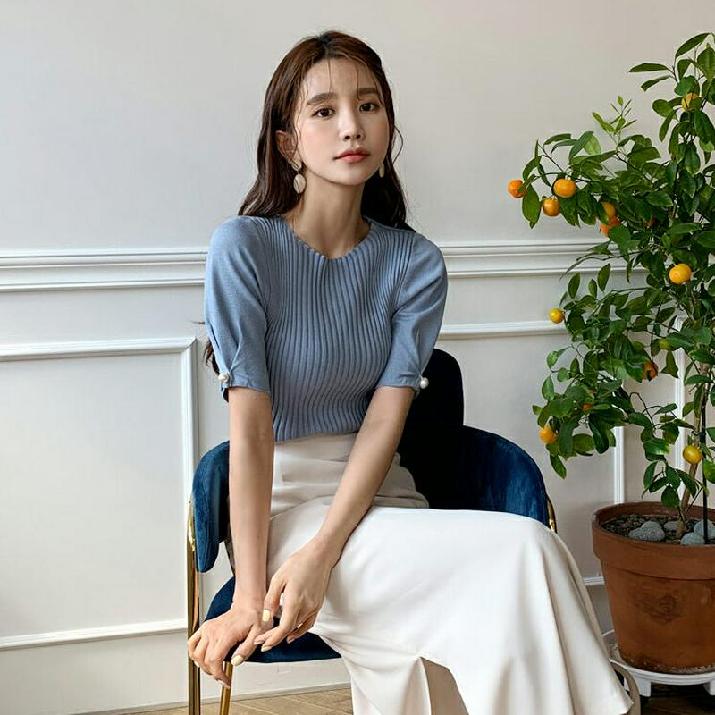 パールパフニット・全3色・b58475 レディース 【tops】【トップス Tシャツ ニット 薄手 半袖 パフスリーブ カジュア