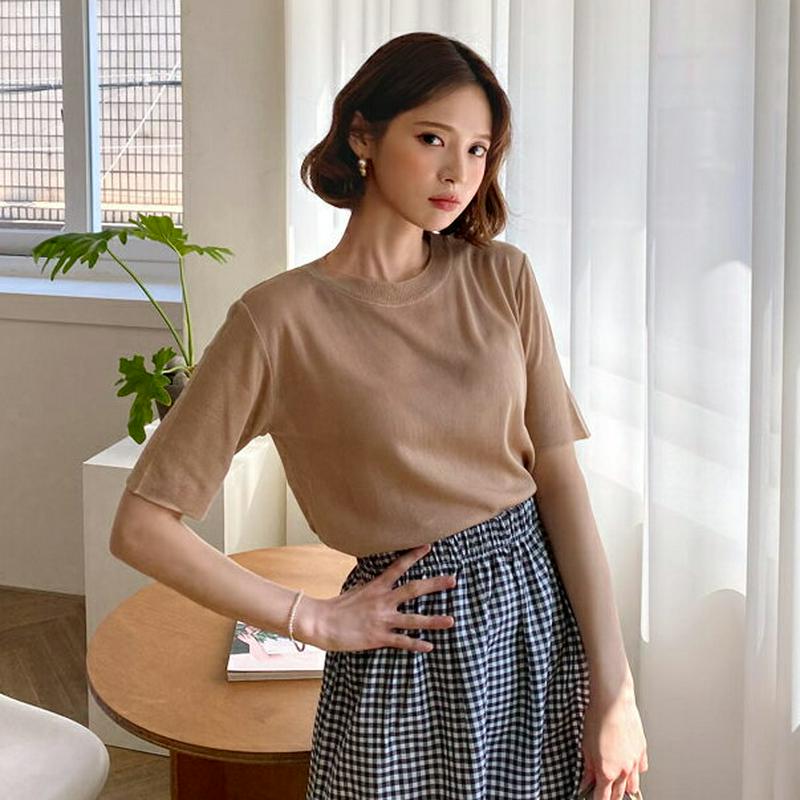 半袖アクリルニット・全4色・t58478 レディース 【tops】【トップス Tシャツ ニット 半袖 薄手 スリム 無地 ラウン