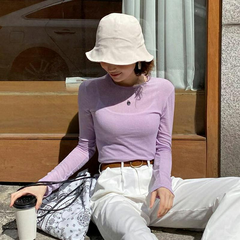 シアーリブTシャツ・全4色・t58467 レディース 【tops】【トップス Tシャツ リブ 長袖 スリム 無地 カジュアル 薄