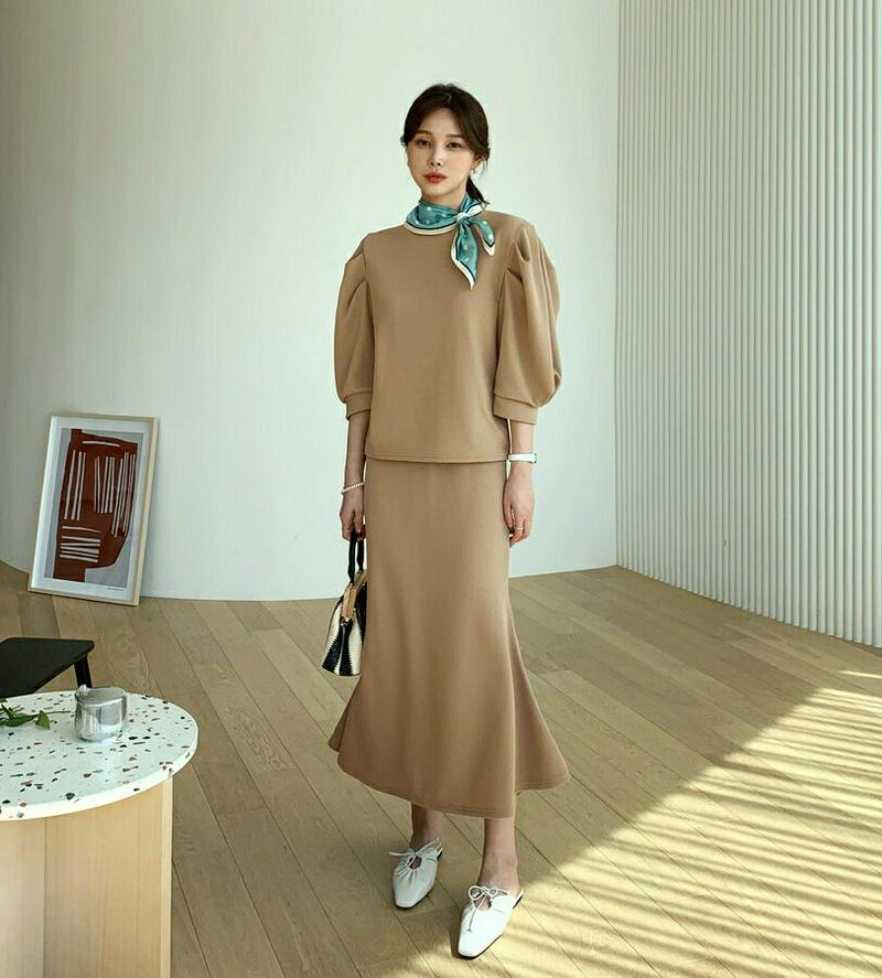 パフTシャツ&スカートSET・全3色・b61499 レディース【sk】【セットアップ トップス 七分丈 七分袖 7分丈 7分袖 