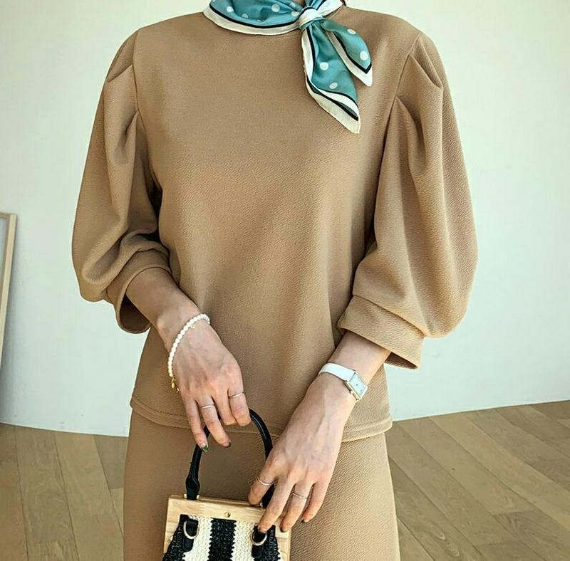 パフTシャツ&スカートSET・全3色・b61499 レディース【sk】【セットアップ トップス 七分丈 七分袖 7分丈 7分袖 