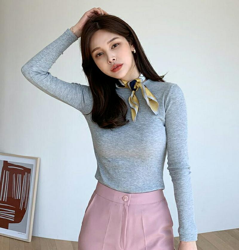 リブラウンドネックTシャツ・全6色・61493 レディース【tops】【トップス Tシャツ 長袖 リブ リブトップス 単色 無地