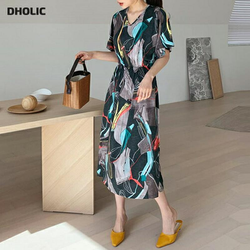 Vネックパターンワンピース・全4色・b61500 レディース【ops】【ワンピース ロング ロングワンピース 半袖 ハーフスリー