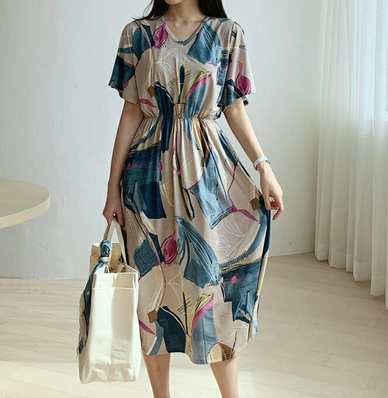 Vネックパターンワンピース・全4色・b61500 レディース【ops】【ワンピース ロング ロングワンピース 半袖 ハーフスリー