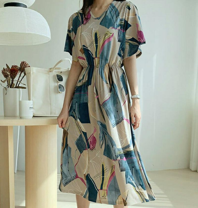 Vネックパターンワンピース・全4色・b61500 レディース【ops】【ワンピース ロング ロングワンピース 半袖 ハーフスリー