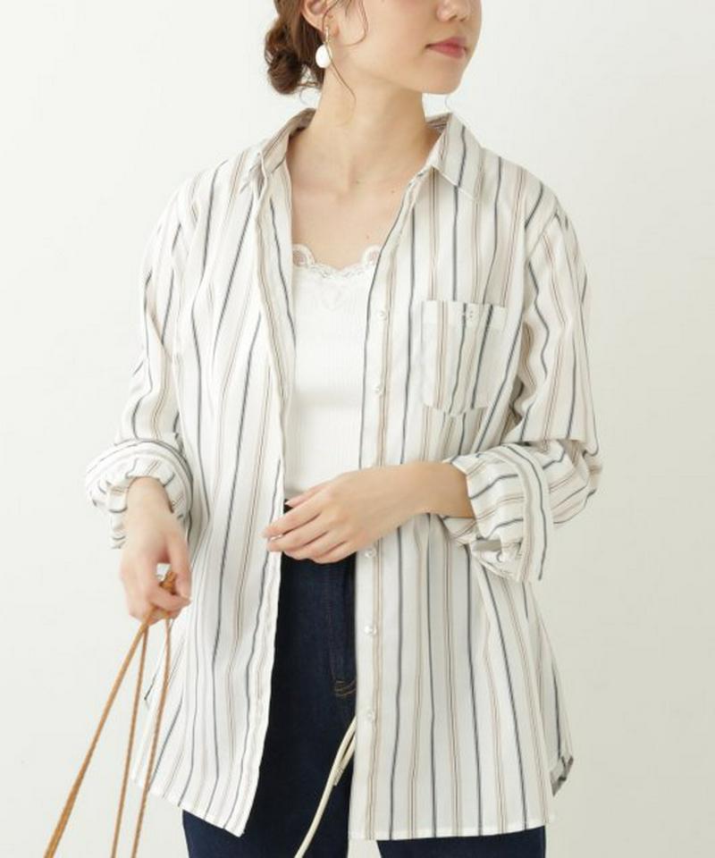 ストライプ片ポケロングシャツ