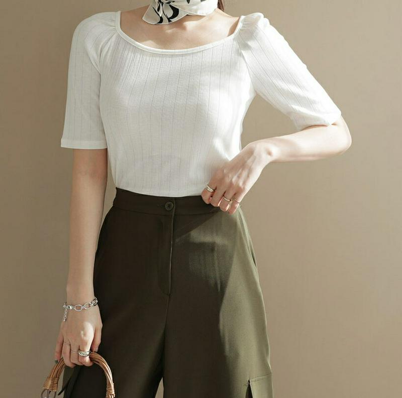 2WAYリブTシャツ・全4色・b61627 レディース【tops】【トップス Tシャツ　半袖 ハーフスリーブ 2way ラウンド