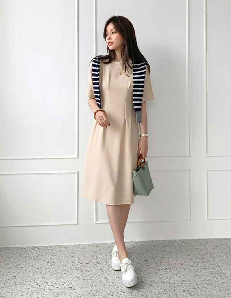 タックワンピース・全3色・b61637 レディース【ops】【ワンピース ミディ丈 ミディワンピース 半袖 ハーフスリーブ タッ