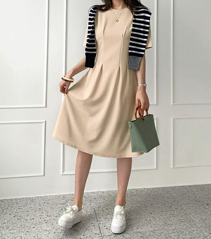 タックワンピース・全3色・b61637 レディース【ops】【ワンピース ミディ丈 ミディワンピース 半袖 ハーフスリーブ タッ