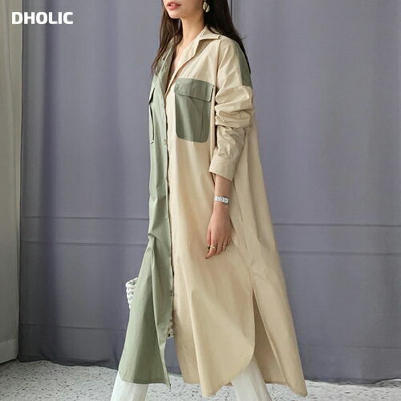 ストラップ付バイカラーロングシャツ・全2色・t61638 レディース【bl】【シャツ ロングシャツ トップス ロング ロング丈 