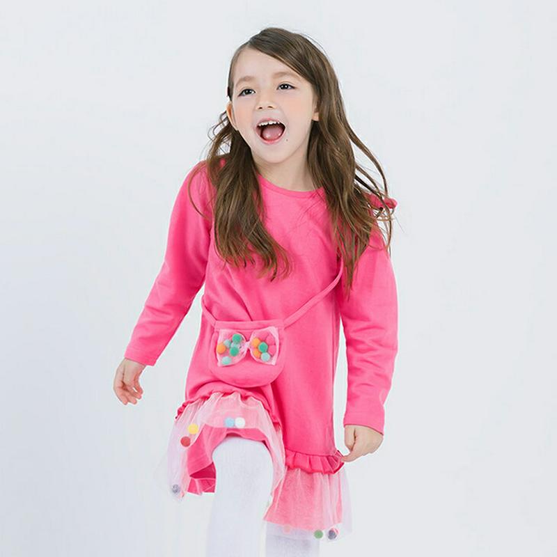 バッグ付ポンポンチュールヘムワンピース・p000769 キッズ【3~8才】【ops】【ワンピース ミディ丈 ミディワンピース 長袖 チュール ポンポン ぽんぽん カジュアル ポップ 可愛い かわいい 女の子 春 秋 子供 こども 子供服 こども服】【KIDS】