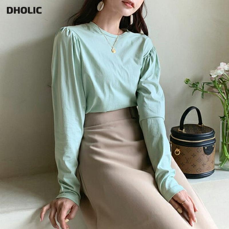 ラウンドネックパフTシャツ・全4色・t58271 レディース 【tops】【トップス Tシャツ 長袖 シャーリング パフスリーブ