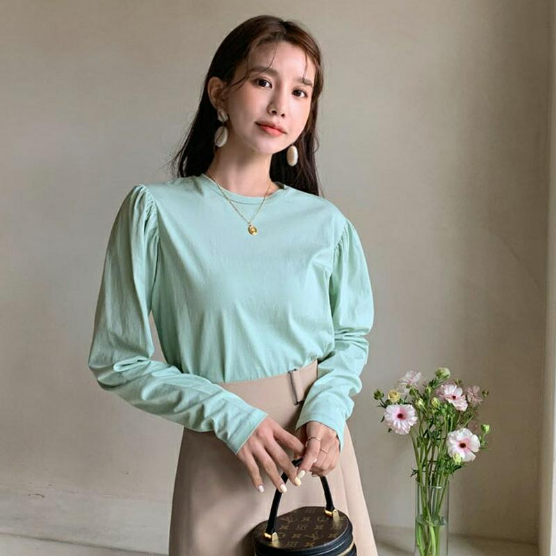 ラウンドネックパフTシャツ・全4色・t58271 レディース 【tops】【トップス Tシャツ 長袖 シャーリング パフスリーブ