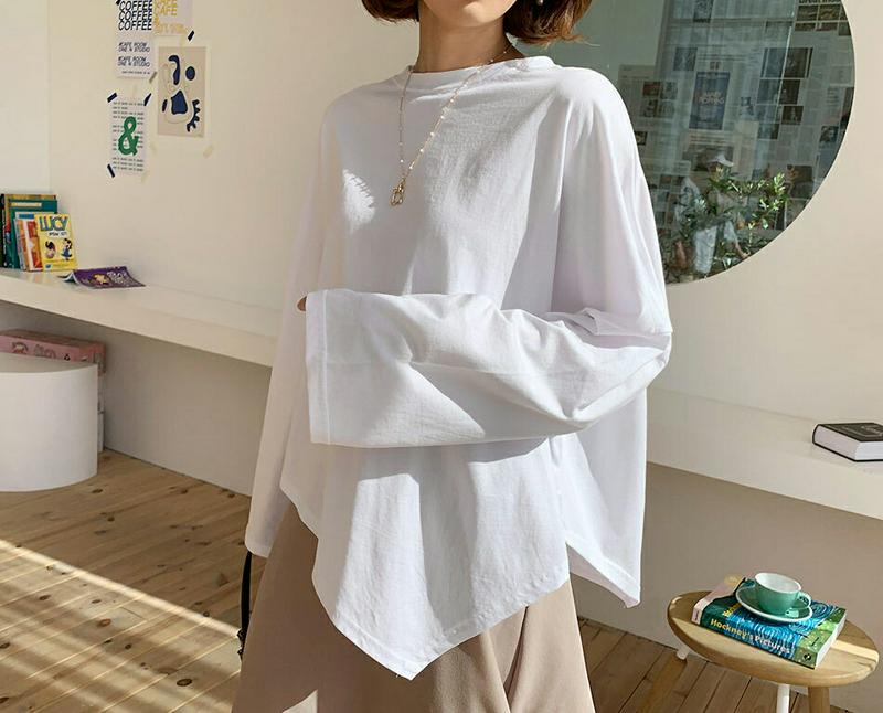 ダイアゴナルヘムTシャツ・全3色・55250 レディース 【tops】【トップス Tシャツ 長袖 ドロップショルダー 無地 カジ