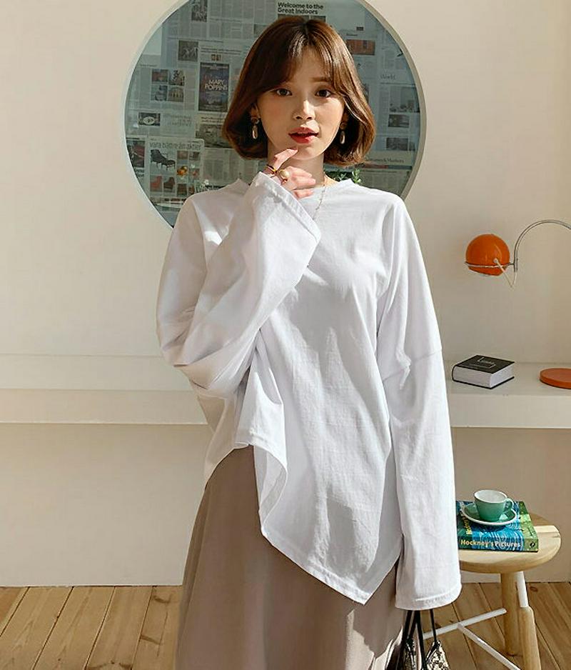ダイアゴナルヘムTシャツ・全3色・55250 レディース 【tops】【トップス Tシャツ 長袖 ドロップショルダー 無地 カジ
