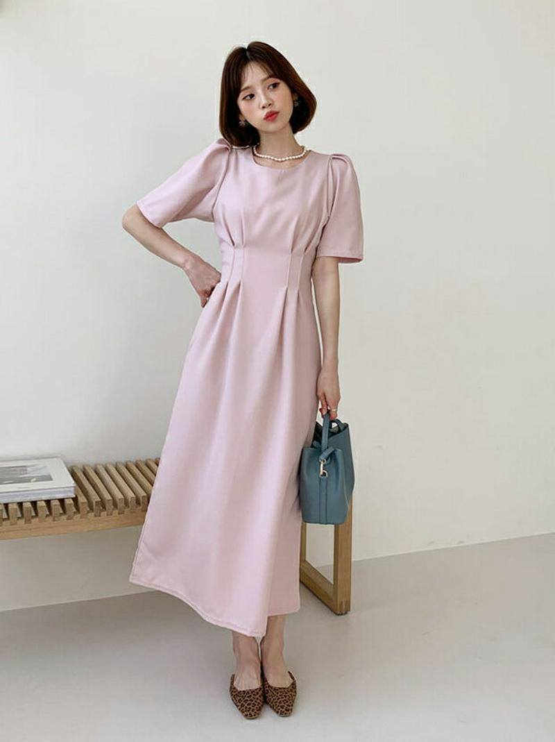 タックショートスリーブワンピース・全5色・b55245 レディース 【ops】【ワンピース ロング丈 ロング 半袖 パフスリーブ