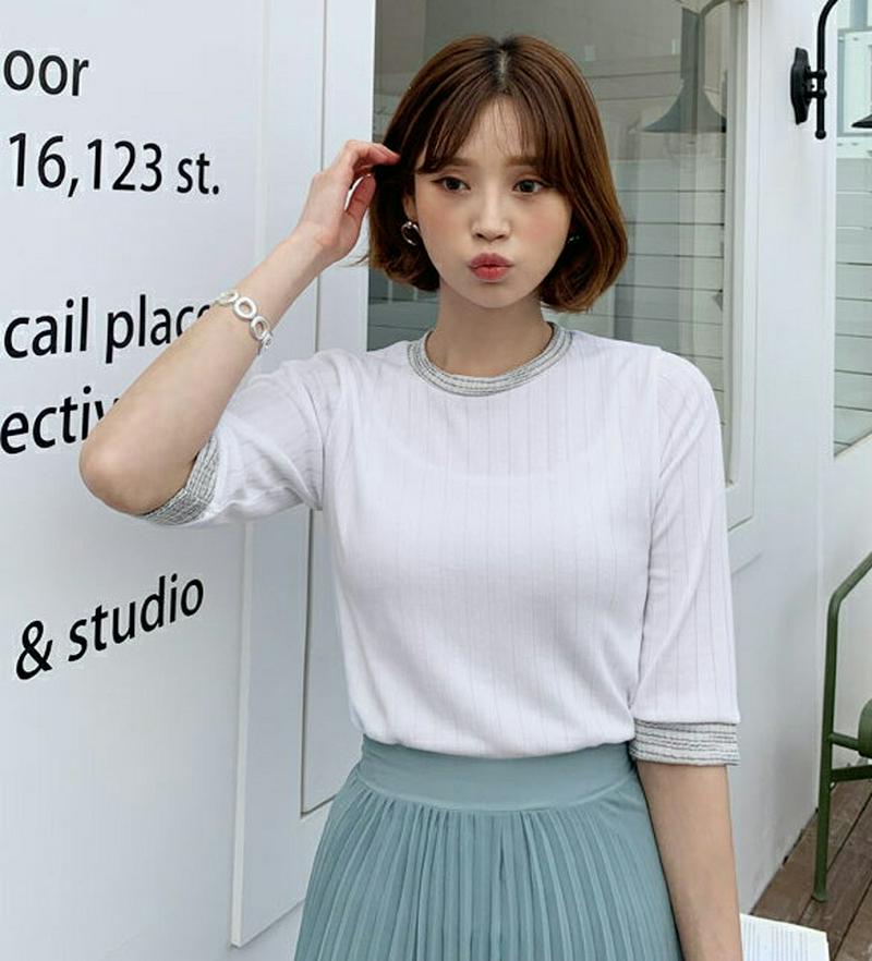 グリッター配色Tシャツ・全3色・t55257 レディース 【tops】【トップス 半袖 リブ ラウンドネック スリム カジュアル