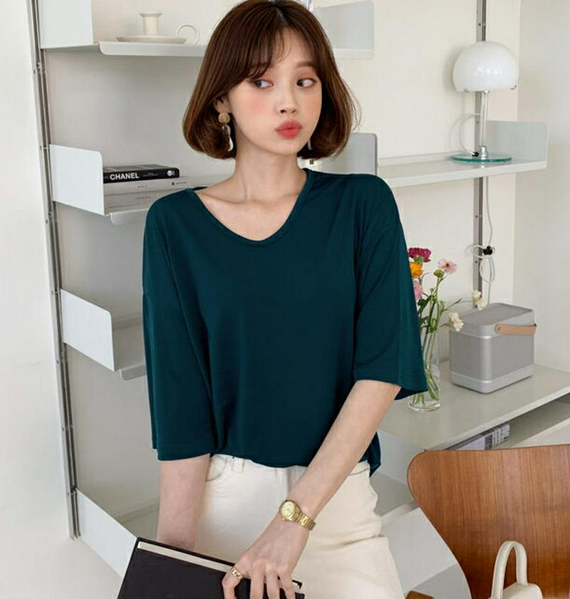 UネックルーズTシャツ・全4色・b55256 レディース 【tops】【トップス Tシャツ Uネック 半袖 ゆったり ドロップシ