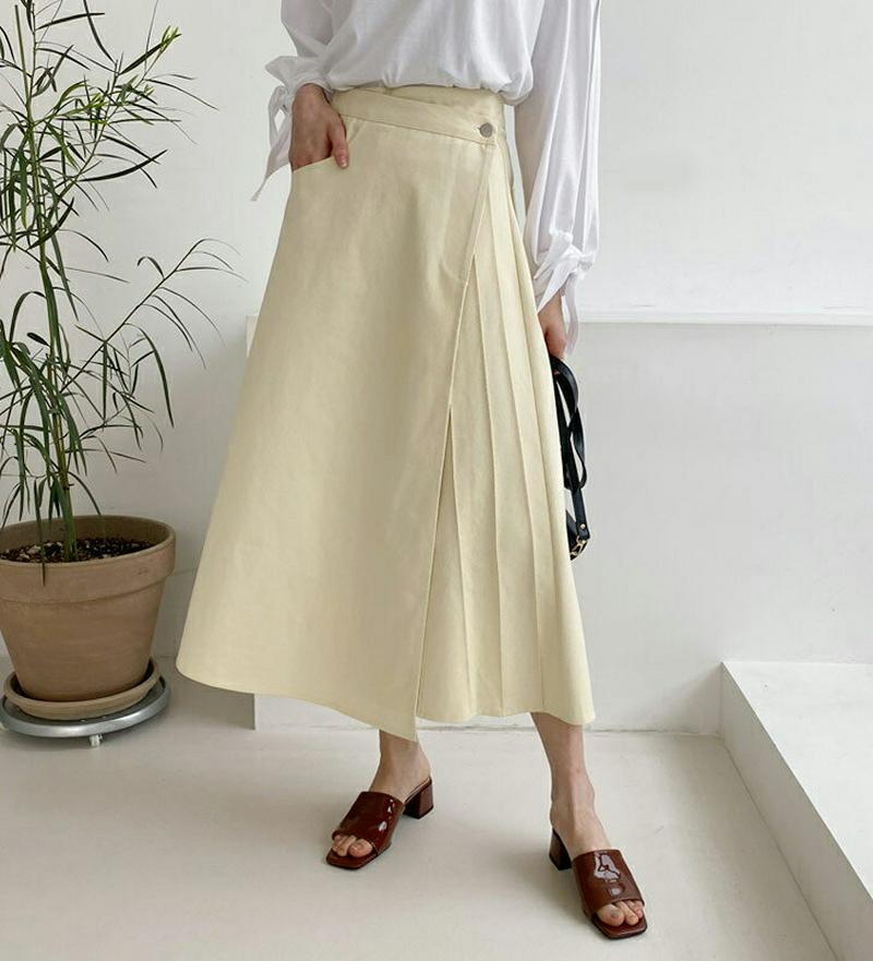 ボタンラップフレアスカート・全3色・t55272 レディース 【sk】【スカート ロング丈 ロング Aライン プリーツ ラップ 