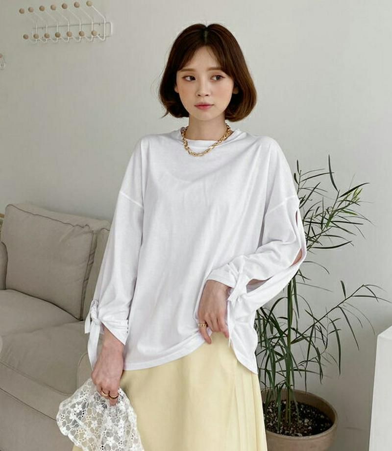 スリットスリーブTシャツ・全4色・t55252 レディース 【tops】【トップス Tシャツ 長袖 カットアウト スリット リボ