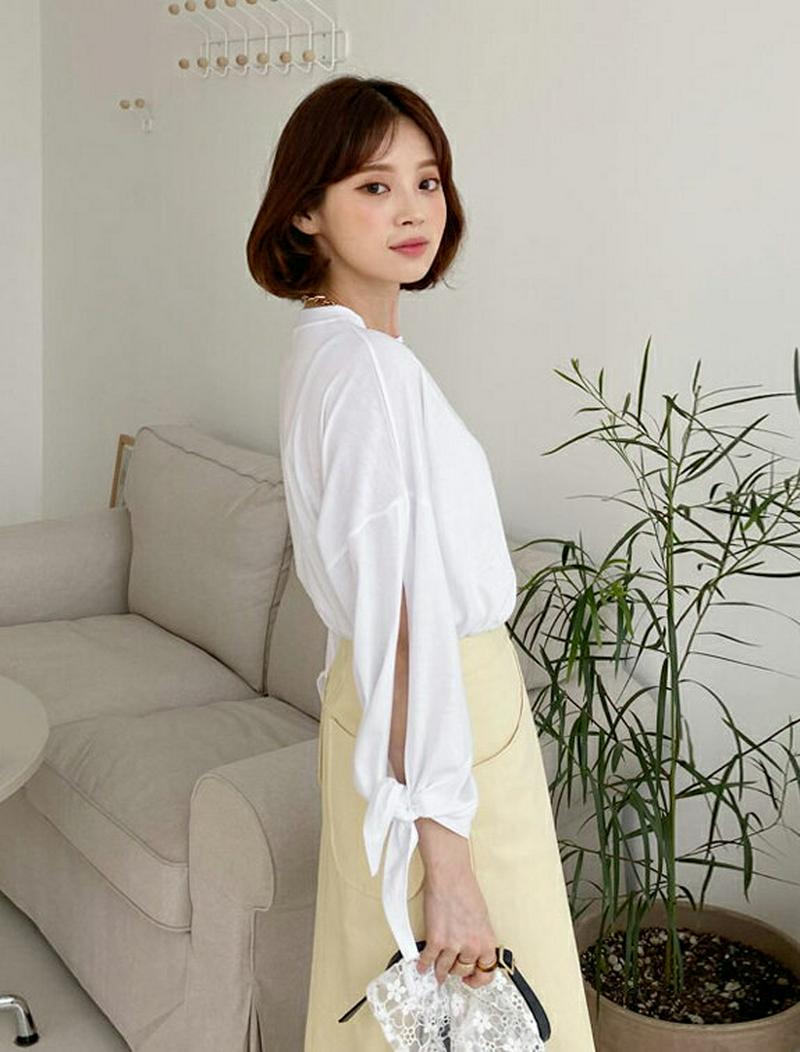 スリットスリーブTシャツ・全4色・t55252 レディース 【tops】【トップス Tシャツ 長袖 カットアウト スリット リボ
