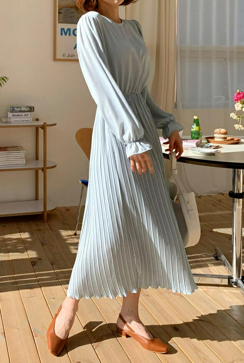 ウエストゴムプリーツワンピース・全3色・b55247 レディース 【ops】【ワンピース ロング丈 ロング ラウンドネック プリ