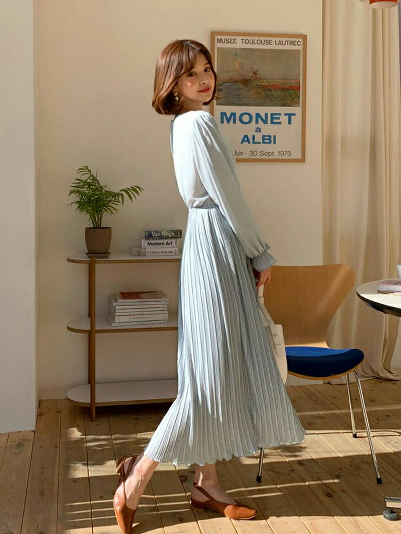 ウエストゴムプリーツワンピース・全3色・b55247 レディース 【ops】【ワンピース ロング丈 ロング ラウンドネック プリ