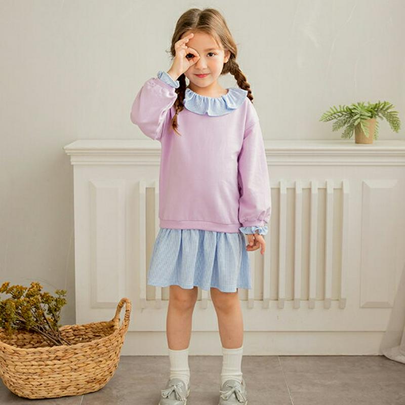 ラッフルカラー配色ワンピース(パープル)・p000725 キッズ【3~8才】【ops】【ワンピース ミディ丈 ミディワンピース 