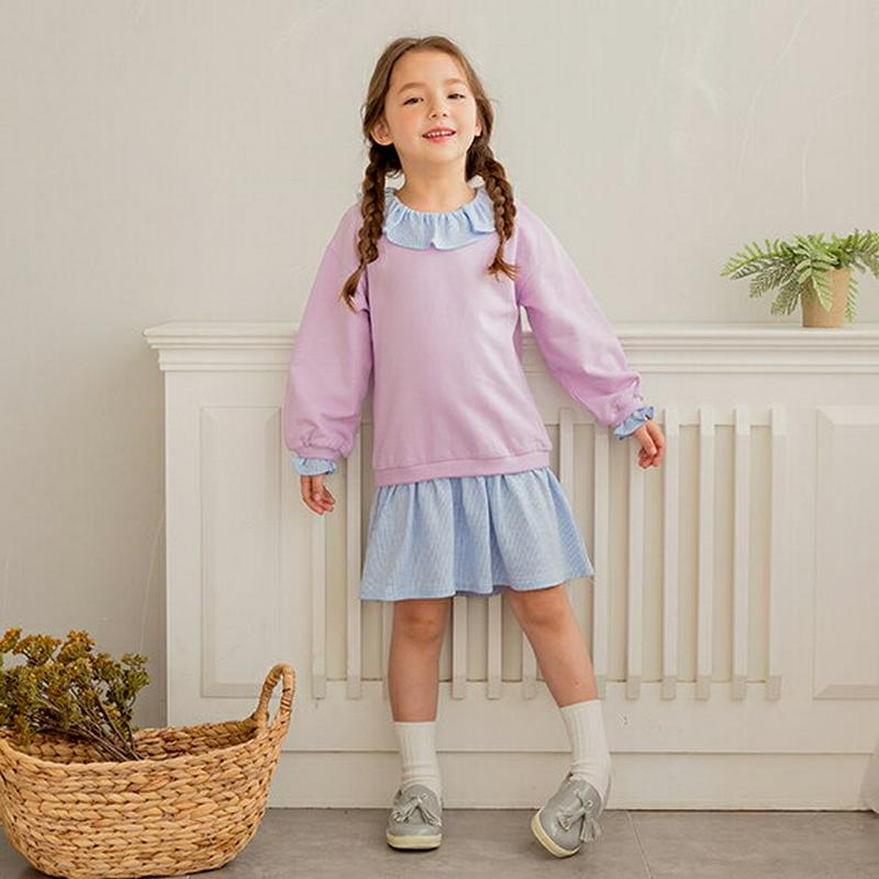 ラッフルカラー配色ワンピース(パープル)・p000725 キッズ【3~8才】【ops】【ワンピース ミディ丈 ミディワンピース 