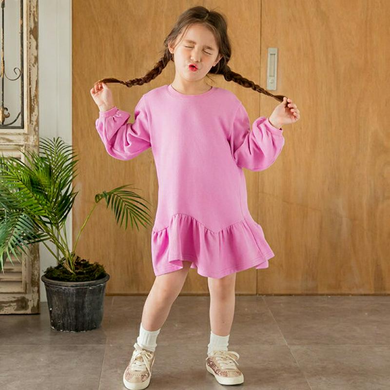 バルーンフリルヘムワンピース・p000730 キッズ【3~8才】【ops】【ワンピース ミディ丈 ミディワンピ素 長袖 フリル 