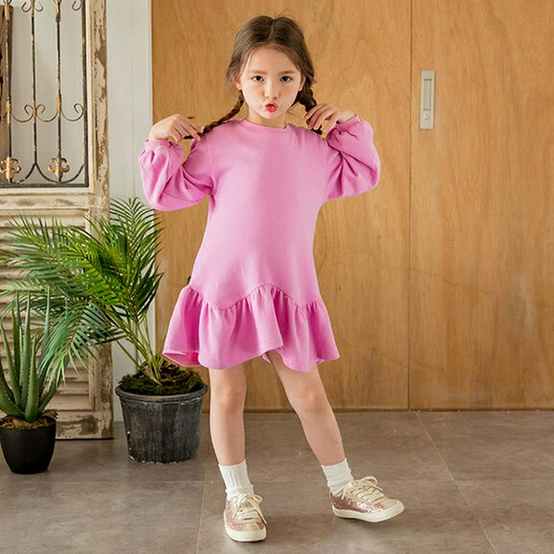 バルーンフリルヘムワンピース・p000730 キッズ【3~8才】【ops】【ワンピース ミディ丈 ミディワンピ素 長袖 フリル 
