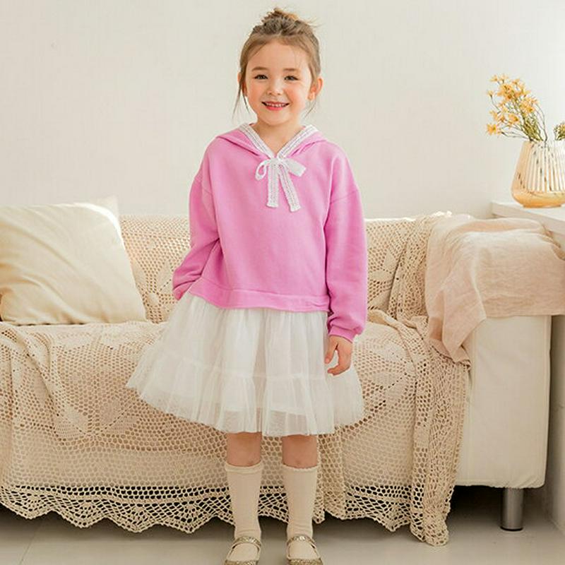 レースリボンフードチュールワンピース・p000736 キッズ【3~8才】【ops】【ワンピース ミディ丈 ミディワンピース 長袖