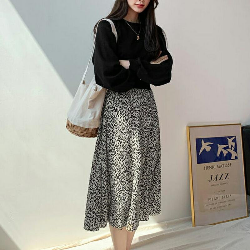 レオパードコントラストワンピース・全2色・b61607 レディース【ops】【ワンピース ミディ丈 ミディワンピース 長袖 コン