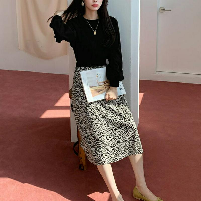 レオパードコントラストワンピース・全2色・b61607 レディース【ops】【ワンピース ミディ丈 ミディワンピース 長袖 コン