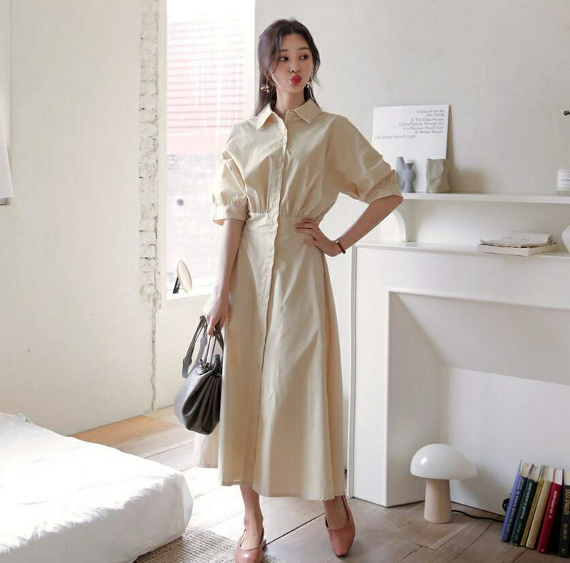 フレアシャツワンピース・全2色・t58309 レディース 【ops】【ワンピース シャツ ロング ロング丈 半袖 5分丈 パフス