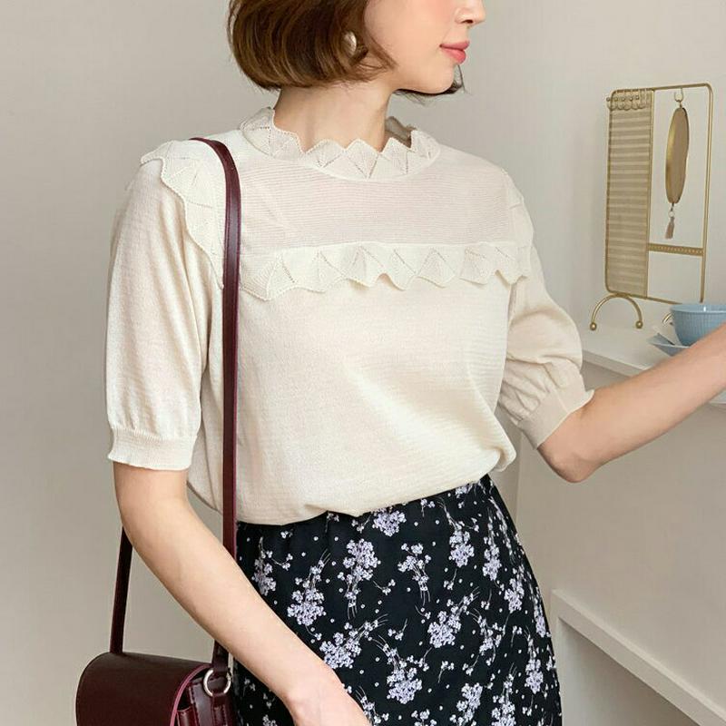 【只今10％OFF】ウェーブディテール半袖ニット・全4色・b58606 レディース 【tops】【トップス Tシャツ ニット 薄