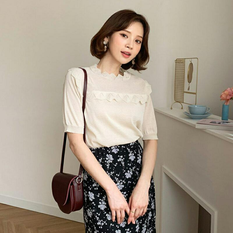 【只今10％OFF】ウェーブディテール半袖ニット・全4色・b58606 レディース 【tops】【トップス Tシャツ ニット 薄