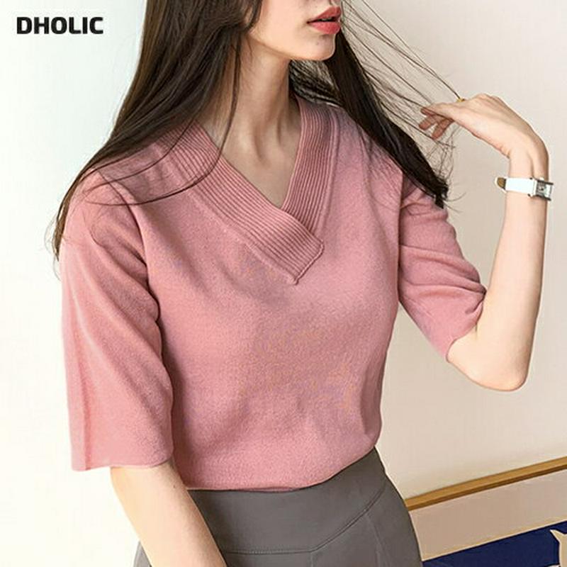 【只今10％OFF】リブVネック半袖ニット・全5色・b61598 レディース【tops】【トップス ニット ニットトップス 半袖