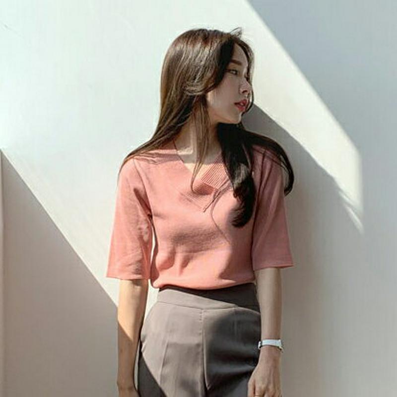 【只今10％OFF】リブVネック半袖ニット・全5色・b61598 レディース【tops】【トップス ニット ニットトップス 半袖